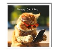 Tracks Publishing Funny Male/Female Birthday Card - Happy Birthday Card with a Humorous Cat and Phone Design - for Men/Women