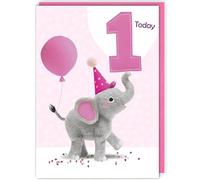 Tracks Publishing Girl's 1st Birthday Card - Cute Party Elephant Design - Age 1 Happy Birthday Card for Her