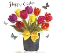 Tracks Publishing Happy Easter Card, Colourful Tulip Bouquet Design, Floral Spring Greeting Card with Butterflies