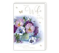 Tracks Publishing Lovely Wife Birthday Card - Happy Birthday Card with Artistic Pansy Floral Bouquet and Butterfly Design with a Foil Finish - for Women