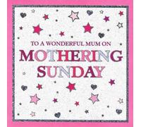 Tracks Publishing Mothering Sunday Card for Mum, Pink Stars & Hearts Glitter Effect Design, With Love, Traditional UK Greeting Card with Envelope