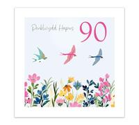 Tracks Publishing Welsh 90th Birthday Card for Her - Age 90 Birds & Flowers Design - Eco-Friendly & Made in the UK - Penblwydd Hapus