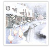 Tracks Publising Charity Christmas Cards Pack of 5 - Geese and Snowy Village Scene - Foil Finish - Festive Christmas Cards Multipack - In Aid of Rainbow Trust