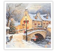 Tracks Publising Charity Christmas Cards Pack of 5 - Snowy Village and Bridge Scene - Foil Finish - Festive Christmas Cards Multipack - In Aid of Rainbow Trust