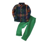 Tracksuit Boys Activewear Set Children's Jogging Suit Boys Long Sleeve Checked Shirt with Flat Front Trousers Casual Daily Outfit for Toddlers, Green, 6-7 Years