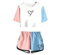 Tracksuit Kids Jogging Suit Girls Sports Suit Set Summer Set with Short Sleeve Top Shorts for Girls with Print, Cute Crew Neck Pocket, Casual Outfit for Teenagers, Juniors, sky blue, 8-9 Jahre