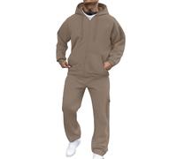Tracksuit Men，Men's Tracksuit Hooded Full Zipper Fleece Top Cargo Jogger Bottoms Co-Ord Set Soft Solid Zip Hood Jogging Suit 2 Piece Sets Causal Work Elasticated High Waist Sportswear Coffee 3XL