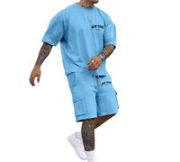 Tracksuit Mens Full Set Short Sleeved T Shirt & Cargo Shorts Classic City Letter Print 2 Piece Outfits Oversize Crew Neck T Shirts Loose Comfort Casual Tracksuits Lightweight Gym Sweatsuits Fashion