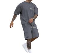 Tracksuit Mens Full Set Short Sleeved T Shirt & Cargo Shorts Classic City Letter Print 2 Piece Outfits Oversize Crew Neck T Shirts Loose Comfort Casual Tracksuits Lightweight Gym Sweatsuits Fashion