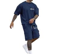 Tracksuit Mens Full Set Short Sleeved T Shirt & Cargo Shorts Classic City Letter Print 2 Piece Outfits Oversize Crew Neck T Shirts Loose Comfort Casual Tracksuits Lightweight Gym Sweatsuits Fashion