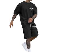 Tracksuit Mens Full Set Short Sleeved T Shirt & Cargo Shorts Classic City Letter Print 2 Piece Outfits Oversize Crew Neck T Shirts Loose Comfort Casual Tracksuits Lightweight Gym Sweatsuits Fashion