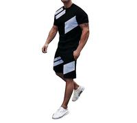 Tracksuit Men's Jogging Suit Men's Cotton Short Sleeve Crew Neck T-Shirt and Shorts with Drawstring Activewear with Colour Block Soft Sports Suit Summer Loungewear Loose Sportswear