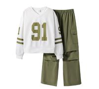 Tracksuit Set Kids Girls 2 Piece Lounge Suit for Children Fashion Letter Print Jogging Pants Bottom Baseball Plain Top Bottoms Running Walking Hiking Track Sport Streetwear Age 5-14 Years Green