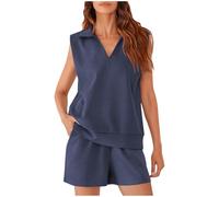 Tracksuit Sets for Women Short Lounge Wear Sets 2 Piece Outfits Turndown Collar V Neck Sleeveless Sweatshirts and Shorts Jogger Yoga Lounge Set Activewear Casual Leisure Suits Gym Sweatsuits