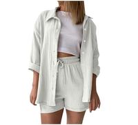 Tracksuit Sets for Women UK Two Piece Outfit Summer Co Ords Sets Ladies Button Down Long Sleeve Shirts and Shorts Cotton Linen Lounge Set Daily Wear Going Out Vacation Travel Airport Outfits White