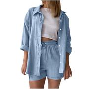 Tracksuit Sets For Women UK Two Piece Outfit Summer Co Ords Sets Ladies Button Down Long Sleeve Shirts and Shorts Cotton Linen Lounge Set Daily Wear Going Out Vacation Travel Airport Outfits