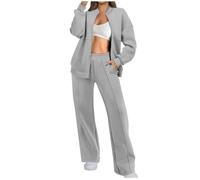 Tracksuit Womens Full Set 2 Piece Outfits 2025 Fall Winter Zip Up Sweatshirt Jacket and Wide Straight Leg Sweatpants Lounge Wear Sets Ladies Sweatsuit Leisure Suits Jogger Outfits Gym Activewear Gray