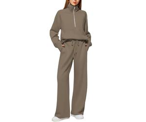 Tracksuit Womens Full Set 2 Piece Outfits of Half Zip Sweatshirt and Casual Pants Lounge Wear Sets for Women Airport Outfits Ladies Jogging Suits Co Ord Activewear Worked Winter Clothes,Brown,M
