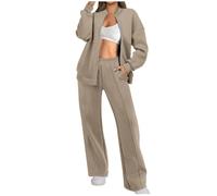 Tracksuit Womens Full Set 2 Piece Outfits Winter Zip Up Sweatshirt Jacket and Wide Straight Leg Pants with Pockets Lounge Wear Sets Ladies Tracksuit Sets Leisure Suits Gym Activewear Khaki