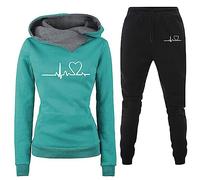 Tracksuit Womens Full Set 2 Piece Sweatsuit Heartbeat Print Plush Lined Hooded Sweatshirts and Sweat Pants Joggers Fleece Sportswear Set Winter Warm Outfit Cozy Gym Clothes
