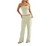 Tracksuit Womens Full Set Bandeau Womens Lounge Suits Sleeveless Summer Tube Top Petite Co Ord Sets for Women Strapless Womens Two Piece Loungewear Sets Casual Workout Outfit Striped Leisure Suits
