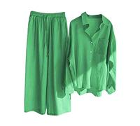 Tracksuit Womens Full Set Cotton Linen 2 Piece Outfits Long Sleeve Button up Lapel Tops and Wide Leg Trousers Loose Fall Winter Co ord Sets Plus Size Sports Beach Home Lounge Wear