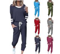 Tracksuit Womens Full Set Fall Lounge Wear Set for Women Activewear Two Piece Outfits Ladies Cotton Lounge Wear Sets CrewNeck Tracksuit Set Outfit Top Color-blocked stripes Co Ord Sets Four Seasons