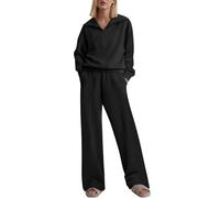 Tracksuit Womens Full Set Fall Winter 2 Piece Outfits Half Zip Lapel Long Sleeve Sweatshirts and Wide Leg Trousers with Pockets Plain Co Ord Sets Loose Lounge Wear Gym Casual Sweatsuit