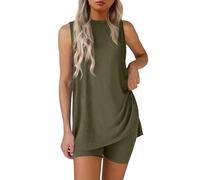 Tracksuit Womens Full Set Gym Sets for Women 2 Piece Solid Color-Sleeveless Casual Side Splits Tank Stretchy Short Leggings for Women UK Sportswear Ladies Lounge Wear Sets Shorts Set Ladies Green