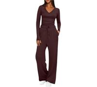 Tracksuit Womens Full Set Lounge Wear Sets Ruched V Neck Long Sleeve Crop Tops and High Elastic Waisted Wide Straight Leg Pants Tracksuit Activewear Casual Two Piece Outfits 2 Piece Yoga Gym Sets
