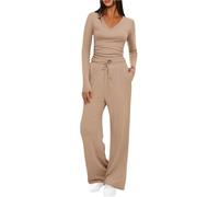 Tracksuit Womens Full Set Lounge Wear Sets Ruched V Neck Long Sleeve Crop Tops and High Elastic Waisted Wide Straight Leg Pants Tracksuit Activewear Casual Two Piece Outfits 2 Piece Yoga Gym Sets