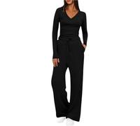 Tracksuit Womens Full Set Lounge Wear Sets Solid Plain V Neck Long Sleeve Crop Tops and High Elastic Waisted Wide Straight Leg Pants Casual Activewear Comfy Elegant Two Piece Outfits
