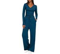 Tracksuit Womens Full Set Lounge Wear Sets Solid Plain V Neck Long Sleeve Crop Tops and High Elastic Waisted Wide Straight Leg Pants Casual Activewear Comfy Elegant Two Piece Outfits