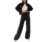 Tracksuit Womens Full Set Petite, Round Neck Long Sleeve Jackets Zip Up Jackets High Drawstring Elasticated Waist Trousers Wide Leg Full Length Trousers With Pockets Sports Activewear Tracksuit