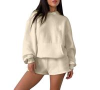 Tracksuit Womens Full Set Shorts and Hoodies Sets 2 Piece Lounge Set Solid Color Thermal Activewear Suit Baggy Jogging Suit Autumn Winter Gym Clothes Casual Co Ord Sets Streetwear