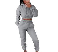 Tracksuit Womens Full Set Solid Thickened Velvet Activewear Cropped Sportwear with Pockets Loungewear 2 Piece Outfits Hoodies Long Sleeves Sweatshirt Set for Fall Winter Airport Outfit Women