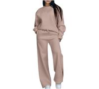 Tracksuit Womens Full Set Two Piece Plain Activewear Outfits Lounge Wear Sets for Women Crew Neck Long Sleeve Pullover Top and Elastic Waist Wide Leg Pants with Pockets