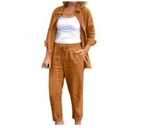 Tracksuit Womens Full Sets 2 Piece Outfits Cotton Linen Co Ords Sets Button Down Long Sleeve Tops and Trousers Casual Trouser Suits Activewear Vacation Travel Outfits Holiday Clothes Brown
