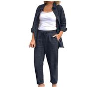 Tracksuit Womens Full Sets 2 Piece Outfits Cotton Linen Co Ords Sets Button Down Long Sleeve Tops and Trousers Casual Trouser Suits Activewear Vacation Travel Outfits Holiday Clothes Dark Blue