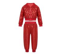 Tracksuit Women's Sequins Metallic Dance Wear Modern Jazz Dance Costume Hip Hop Disco Outfit Long Sleeve Jacket with Hood High Waist Dance Trousers Shiny Leggings Performance Dancewear, red, S