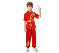 Tracksuits Children's Unisex Short Sleeve Shirt with Wushu Trousers Satin Suit Arts Clothing Sets/A Red