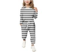 Tracksuits For Kids Girls Two Piece Outfit Lounge Sets Clothes Striped Thin Jumper & Drawstring Jogging Pants Sets Sports Sweat Suits 5-13 Years Birthday Gifts Set Gray 7-8 years