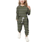 Tracksuits For Kids Girls Two Piece Outfit Lounge Sets Clothes Striped Thin Jumper & Drawstring Jogging Pants Sets Sports Sweat Suits 5-13 Years Birthday Gifts Set Army Green 7-8 years
