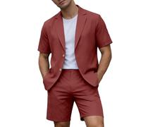 Tracksuits for Men Lightweight Casual Short Sleeve Blazer 2 Piece Summer Set Loose Fit Breathable T-Shirt & Shorts Elastic Waist Relaxed Suit Set Brick Red