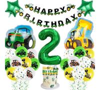 Tractor 2nd Birthday Decorations Boy - Construction Vehicle Themed Party Supplies Includes Happy Birthday Banner, Cake Topper, Latex Number 2, Stars, Tractor, Digger Balloons