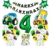 Tractor 4th Birthday Decorations Boy - Construction Vehicle Themed Party Supplies Includes Cake Topper, Number 4 Tractor, Digger Balloons, Happy Birthday Banner