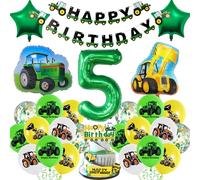Tractor 5th Birthday Decorations Boy - Construction Vehicle Themed Party Supplies Includes Cake Topper, Happy Birthday Banner, Latex Stars, Number 5 Tractor Digger Balloons