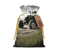 Tractor Agriculture Tranquil Christmas Drawstring Gift Bags with Tags, Xmas Gift Bags with Yellow Christmas Ribbon, Reusable Gift Wrapping Bag Fabric Goody Gift Sacks for Party Presents Decorations