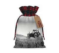 Tractor Agriculture Tranquil Christmas Drawstring Linen Gift Bag Paired With Scottish Plaid Fabric, With A Delicate And Simple Texture