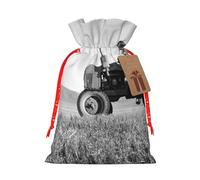 (Tractor Agriculture Tranquil) Print Christmas New Year Candy Gift Bag, Red Xmas Ribbon Drawstring Bags for Kids Xmas Holiday Eve Presents M Size